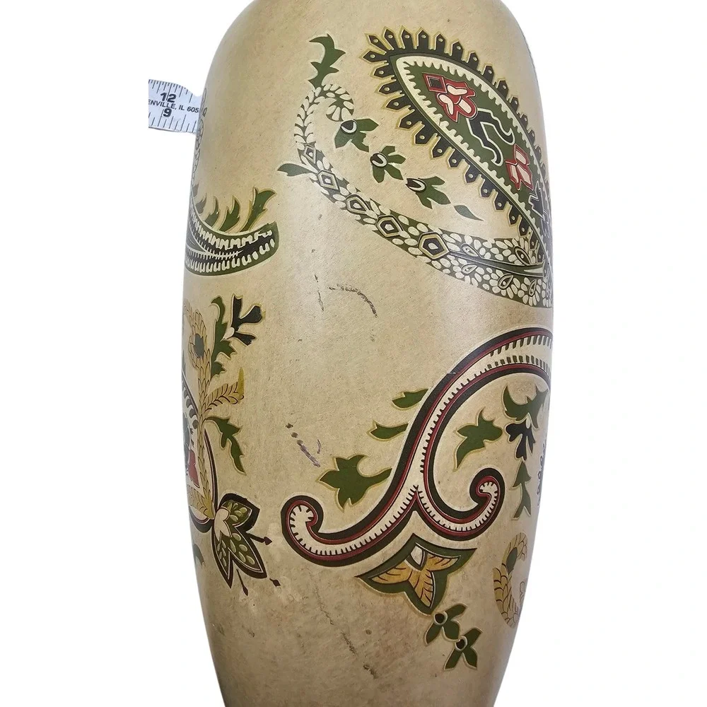 Cream Paisley Decorative Vase Bronze Trim Earthy Green Floral Pattern 12in